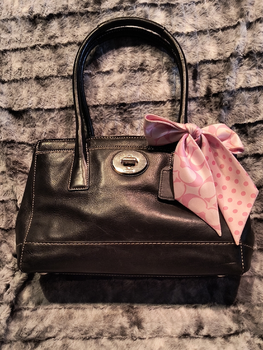 Coach Black Leather Handbag with Pink Scarf Accent  Woman's